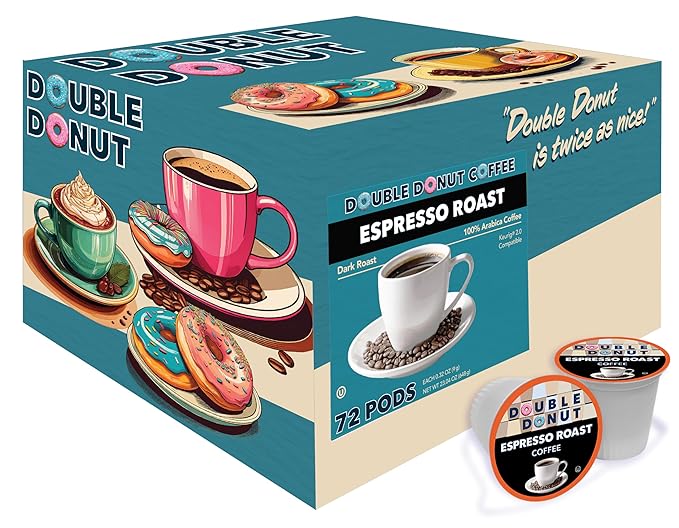 Double Donut Coffee Espresso Roast Coffee Pods, Strong Dark Roast Coffee, Compatible with Keurig K Cups Brewers, 72 Count