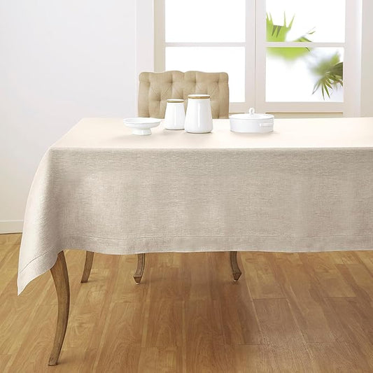 Solino Home Light Natural Linen Tablecloth 60 x 132 Inch - Classic Hemstitch, 100% Pure Linen Rectangular Tablecloth - Machine Washable Table Cloth for Holiday, New Year