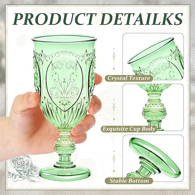 24 Pcs Plastic Goblets 7.5oz Vintage Goblet Plastic Wine Glasses Colored Retro Embossed Water Goblets for Wine Bar Juice Baby Shower Wedding Reception Grand Event Party (Green)