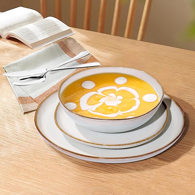 Herogo 18 Piece Stoneware Dinnerware Sets for 6, Plates and Bowls Dinner Dish Set, Irregular Handmade Dinning Ware Dishware for Home Kitchen, Microwave & Dishwasher Safe, Pearl White