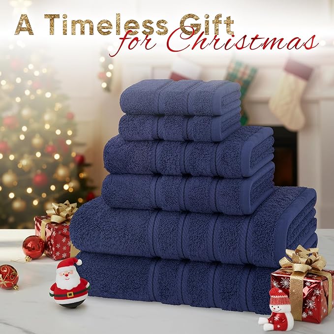 American Soft Linen Luxury 6 Piece Towel Set, 2 Bath Towels 2 Hand Towel 2 Washcloths, 600 GSM 100% Cotton Turkish Towels for Bathroom, Navy Blue Towel Sets