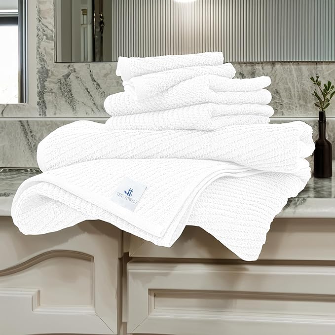 Tens Towels Pack of 6 Zero Twist Towels Set, 2 Bath, 2 Hand, 2 Waschloths, 100% Cotton, Light Weight, Extra Absorbent, Exceptional Softness, Perfect for Bathroom (White)
