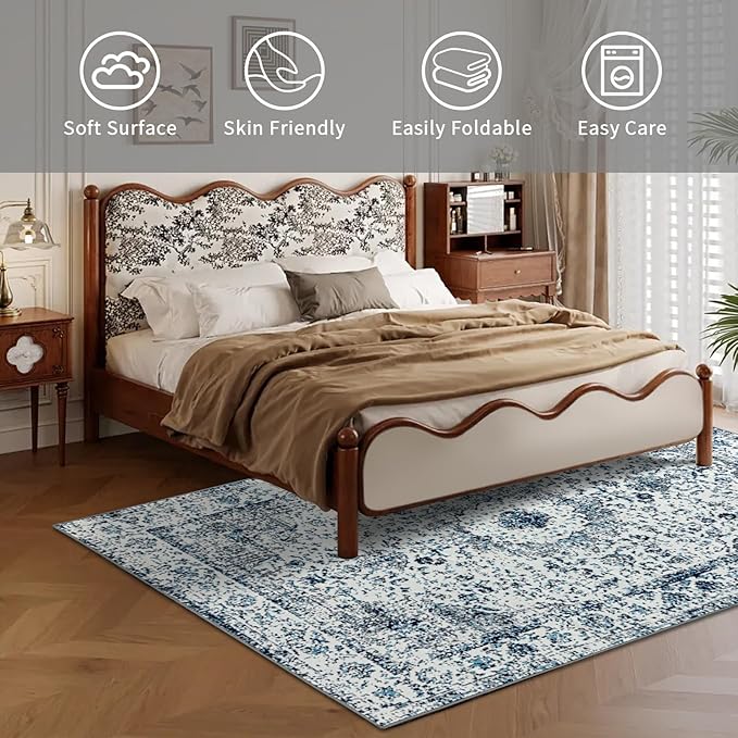 Easy-Going Area Rug 4x6 Washable Boho Rugs for Living Room Non-Slip Bedroom Rug Low Pile Lightweight Floral Print Vintage Throw Rug for Dining Room Kitchen Home Office Carpet, Blue Cream