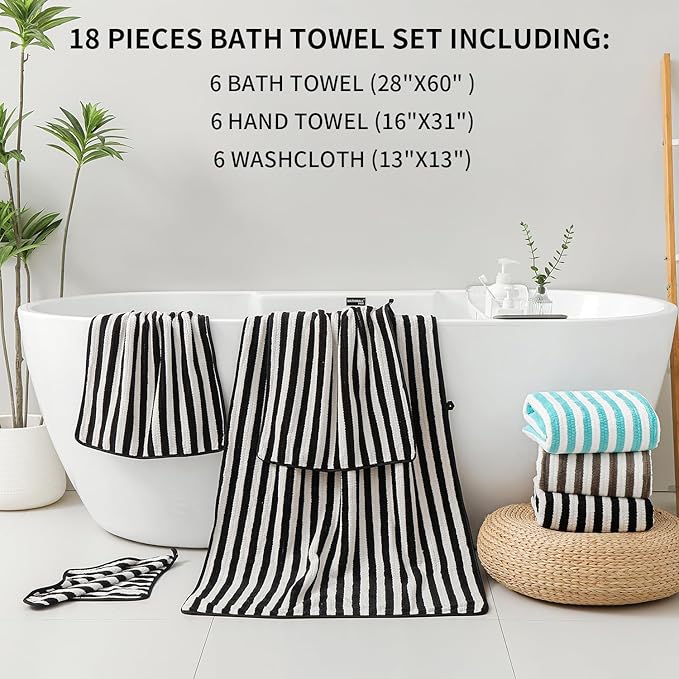 18-Piece Microfiber Bath Towels Set - 6 Bath Sheet, 6 Hand Towels, 6 Washcloths, Soft, Highly Absorbent Bathroom Towel, Quick Dry & Less Lint Shower towel for Bathroom, Hotel, Spa, Dorm-Black White