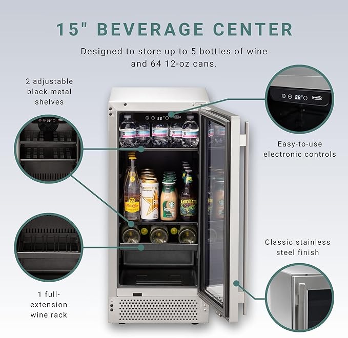 Marvel Northland Collection 15" Undercounter Beverage Center with Glass Door, 2 Adjustable Shelves & 1 Full-Extension Wine Rack, Stores up to 5 Bottles of Wine and 64 12-oz Cans, Indoor/Outdoor Rated