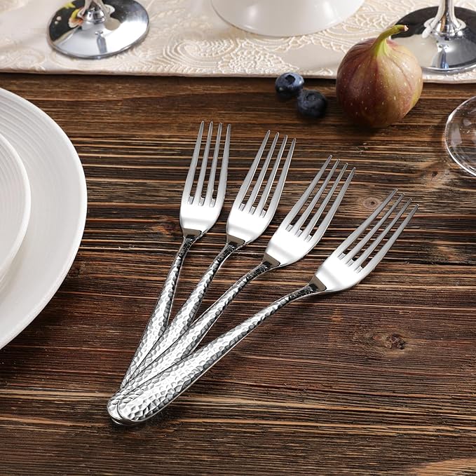 KEAWELL Premium 4-Piece Louise Hammered Fork Set, 18/10 Stainless Steel, Fine Fork Set with Round Edge, Brightly-Mirror polished, Dishwasher Safe. (4, 8" Dinner Forks)