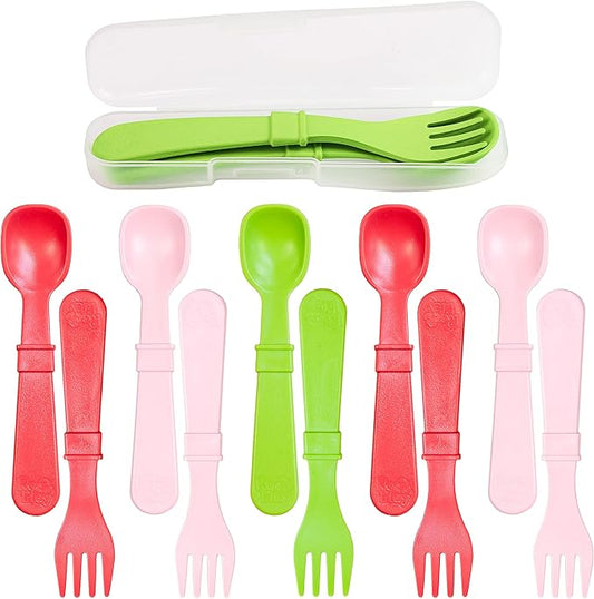 Re-Play Made in USA Forks and Spoons, Pack of 12 With Carrying Case - 6 Kids Forks with Rounded Tips and 6 Deep Scoop Toddler Spoons - 0.2" Thick Utensils with Case, Grinchmas