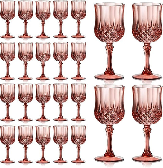 XUWAIDSGN 24 Pcs 7oz Plastic Vintage Wine Glasses Drinking Glasses Unbreakable Wedding Glassware Crystal Water Goblets Reusable Drinkware Vintage Champagne Flutes (24, Rose Gold)