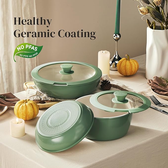 Redchef Ceramic Cookware Set, Removable Handle Pots and Pans Non-Stick, Rv Cookware Set, Non-Toxic Pots and Pans Set No PFAS, PTFE, PFOA, Detachable Pots and Pans, Dishwasher & Oven Safe (Green)