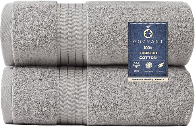 COZYART Silver Grey Bath Towels for Bathroom 2 Pcs, 27x54 Cotton Towel Set Super Soft Highly Absorbent Durable 650 GSM Shower Towels for Daily Use