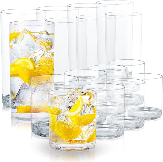 Zulay Kitchen Acrylic Plastic Glasses Drinkware - 16 Piece Unbreakable Drinking Glasses - BPA-Free, Reusable Plastic Tumblers for Home & Outdoors - Stackable, Lead-Free & Dishwasher Safe - (12&16oz)