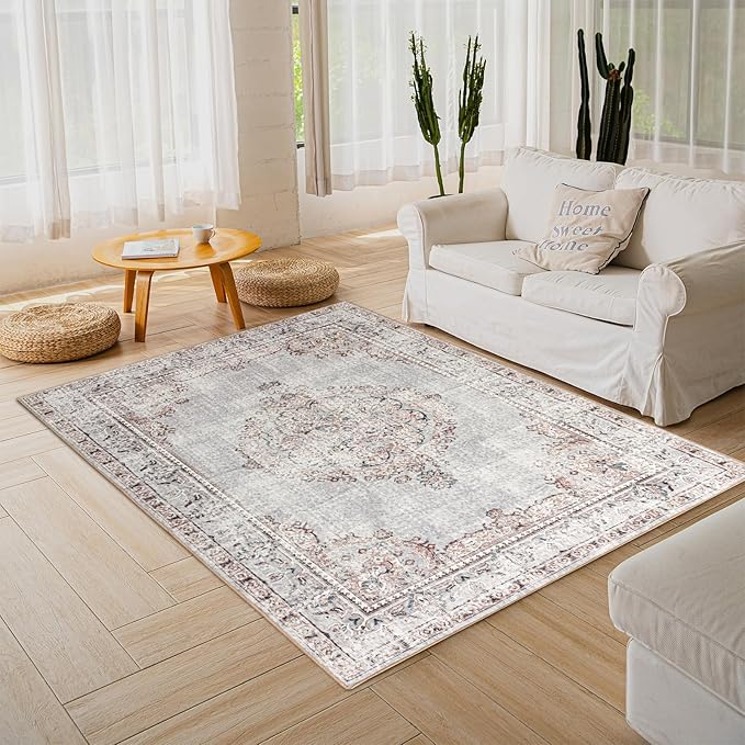 Easy-Going Area Rug 5x7 Washable Boho Rugs for Living Room Non-Slip Bedroom Rug Low Pile Lightweight Vintage Distressed Throw Rug for Dining Room Kitchen Home Office Carpet, Grey Brick