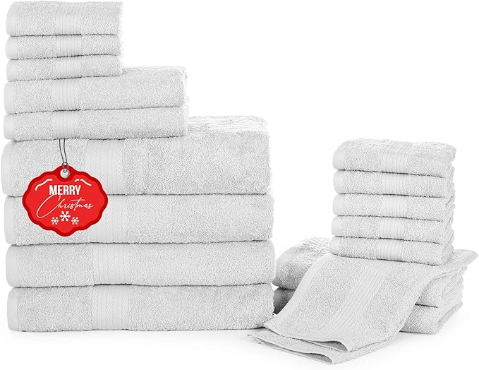 Ample Decor Bathroom Towel Set of 18-4 Hand Towel, 4 Bath Towel, 10 Wash Cloths 600 GSM 100% Cotton - High Absorbency Quick Drying, Ideal for Gifting - Christmas White