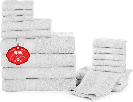 Ample Decor Bathroom Towel Set of 18-4 Hand Towel, 4 Bath Towel, 10 Wash Cloths 600 GSM 100% Cotton - High Absorbency Quick Drying, Ideal for Gifting - Christmas White