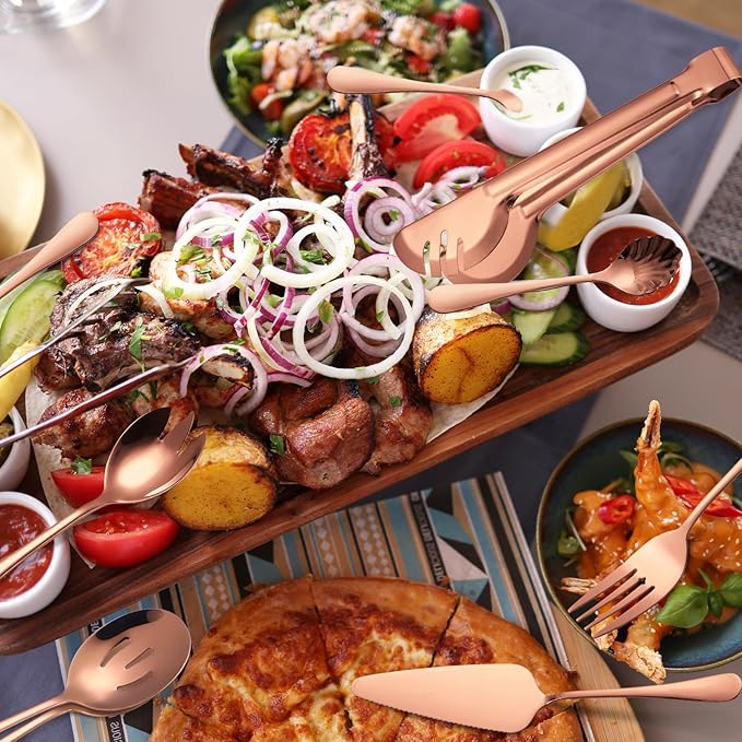 Rose Gold Serving Utensils Set 10 Pieces Copper Stainless Steel Catering Silverware Flatware Buffet Restaurant Banquet Include Fork Big Spoon Hostess Ladle Spatula Food Tong Cheese knife