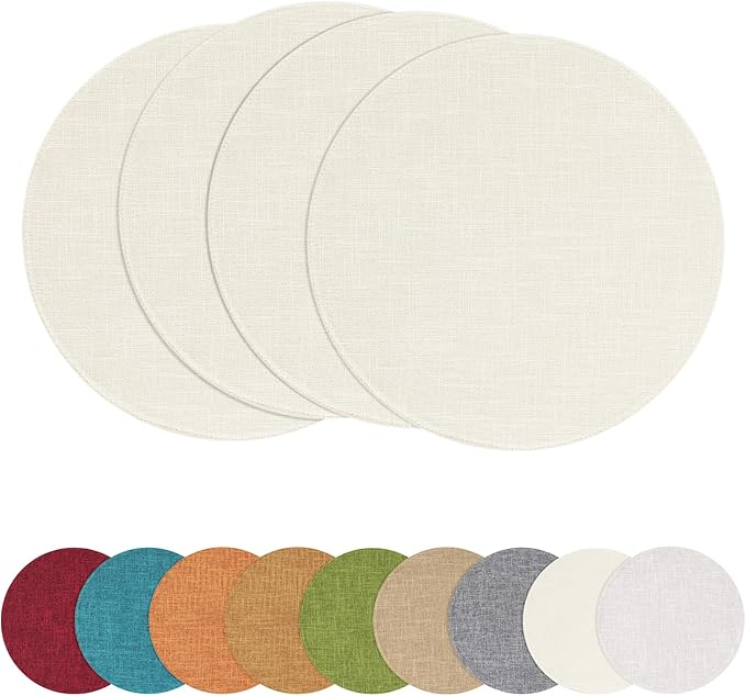 homing 15 Inch Round Cloth Placemats Set of 4, Cotton Linen Blend Washable Table Mats, Farmhouse Dining Place Mats for Indoors & Outdoors, Easy to Clean, Cream