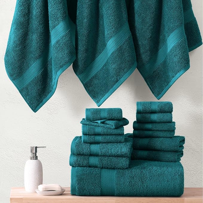 LANE LINEN 100% Cotton Luxury Bath Towel Set - 16 Pieces - Ring Spun, Quick Dry, Highly Soft & Absorbent - 4 Bath Towels, 8 Washcloths, 4 Hand Towels for Bathroom - Sustainably Produced - Sea Port