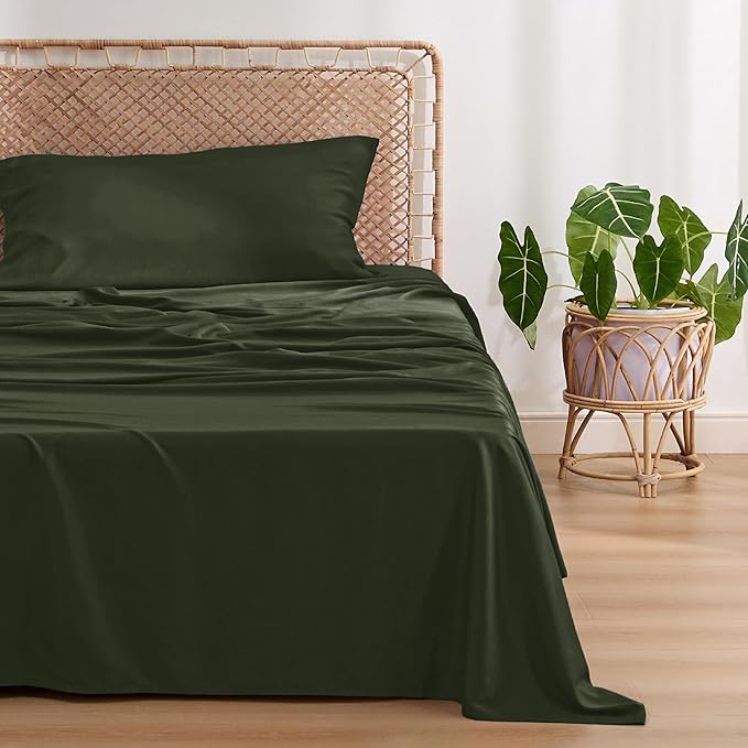 Bedsure Cooling Sheets Twin, Rayon Derived from Bamboo, Breathable & Soft Twin Sheets Set, Deep Pocket Up to 16 Inches, Hotel Luxury Silky Bedding for Hot Sleepers, Olive Green