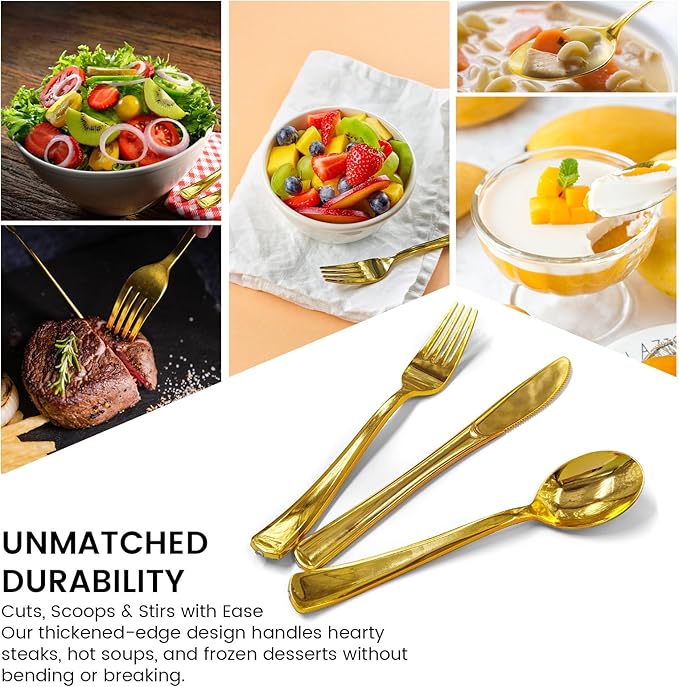 150PCS GzfunTeng Gold Plastic Silverware, Heavy Duty Disposable Cutlery Set Includes 50 Forks, 50 Knives, 50 Spoons for Party, Wedding and Daily Use (150 Pieces, Gold)