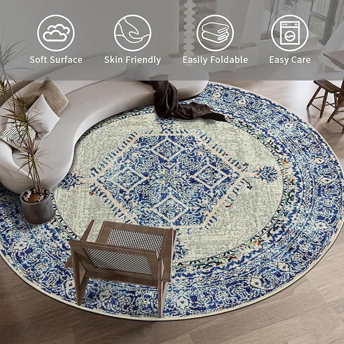 Easy-Going Round Rug 6ft Area Rug Washable Boho Circle Rugs for Living Room Non-Slip Bedroom Rug Low Pile Lightweight Medallion Distressed Throw Rug for Dining Room Kitchen Office, Vintage Blue Cream