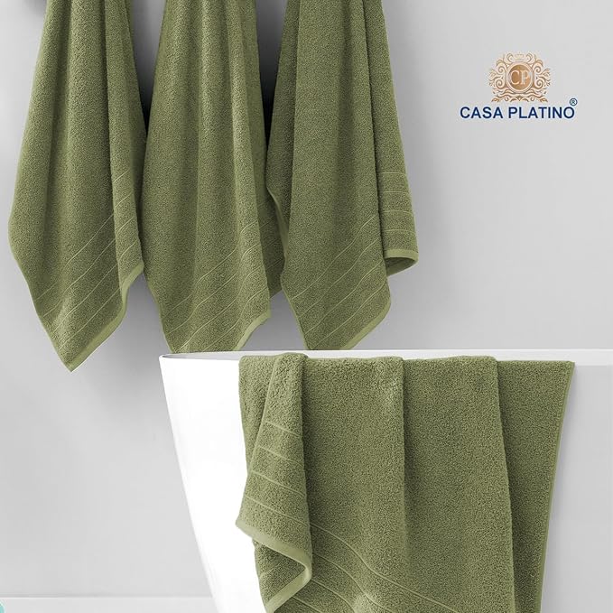 Casa Platino 100% Mercerized Cotton Bathroom Towel Set - 18 Pcs, Hotel Quality - Super Soft & Highly Absorbent - Ring Spun - 6 Large Bath Towels, 6 Washcloths, 6 Hand Towels - Family Pack - Oil Green