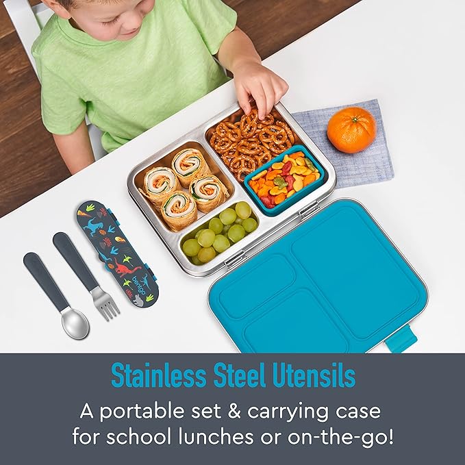 Bentgo Kids Stainless Steel Utensil Set - Reusable Fork, Spoon & Storage Case - High-Grade BPA-Free Stainless Steel, Easy-Grip Handles, Dishwasher Safe for School Lunch, Travel & Outdoors (Dinosaur)