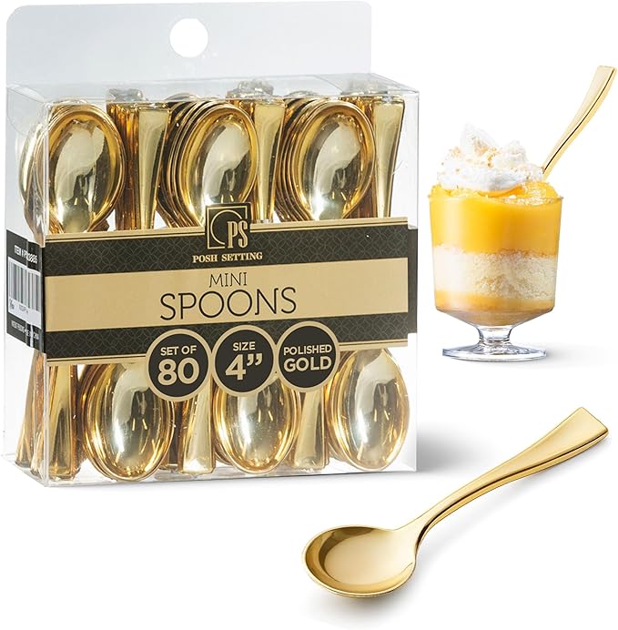 Posh Setting Plastic Mini Gold Spoons, 4 inch Gold Dessert Spoon Disposable, Small Plastic Spoons for Dessert, Tiny Little Appetizer Spoon Golden (80 Pack)