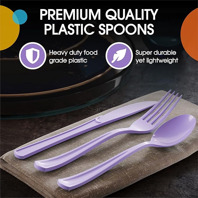 Party Solids Lavender Plastic Spoons 200 Pcs Lavender Spoons Disposable Utensils Heavy Duty Plastic Cutlery Set Disposable Cutlery Sets Flatware Sets Silverware Set Party Supplies & Party Tableware