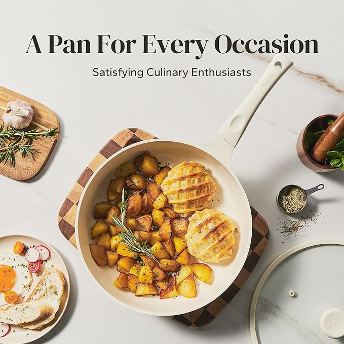 Redchef Nonstick Deep Frying Pan with Lid, Ceramic Saute Pan Skillet, PFOA PFOS Free, Induction Compatible, Stay-Cool Helper Handle, Tempered Glass Cover, Dishwasher Safe, Beige (3.7Qt, 10")