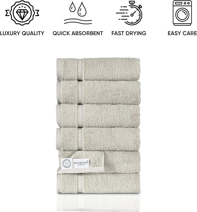 SALBAKOS 100% Turkish Cotton Hand Towel Set of 6 16x30 inch | Heirloom Quality | Hotel & Spa Collection | Ultra Soft, Super Absorbent, Long Lasting Hand Towels | Made in Turkey (Stone, 6 Hand Towels)