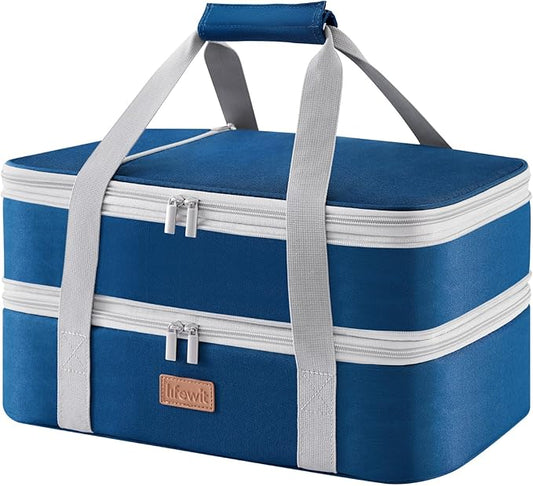 Lifewit Double Decker Insulated Casserole Carrier for Hot or Cold Food, Casserole Dish with Lid and Carrying Case, Lasagna Holder for Potluck Parties/Picnic, Fits 9"x13" Baking Dish, Pure Blue