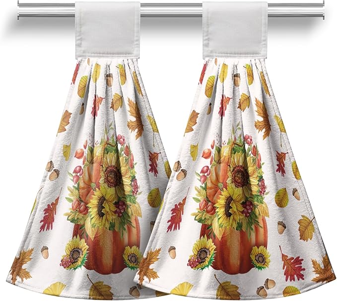 Fall Pumpkin Sunflower Bathroom Hand Tie Towel Autumn Maple Leaf Hanging Dish Towels Set of 2 Decorative Kitchen Towel Soft Absorbent Towels for Bathroom Kitchen Home Decor 17 * 12 Inch