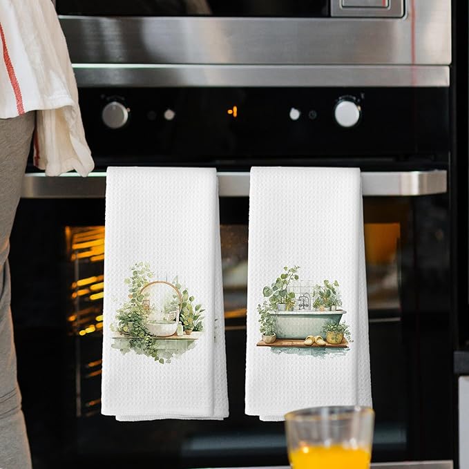 Botanical Bathroom Towels Set of 2, Sage Green Eucalyptus Bathroom Cottagecore Hand Towel, Flower Bathtub Shower Room Washroom Rest Room Decorative Tea Towel Dish Towels 16x25 Inch