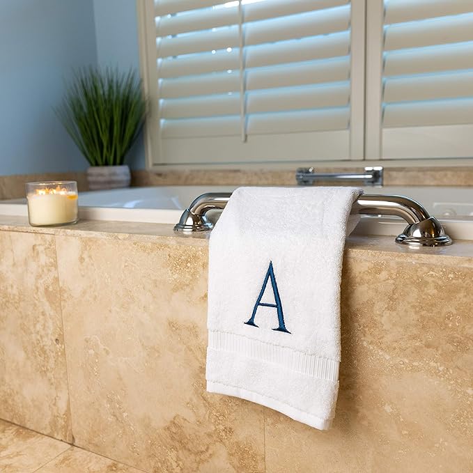 Monogrammed Hand Towels for Bathroom - Luxury Hotel Quality Personalized Initial Decorative Embroidered Bath Towel for Powder Room, Spa - GOTS Organic Certified - Set of 2 Navy Letter A