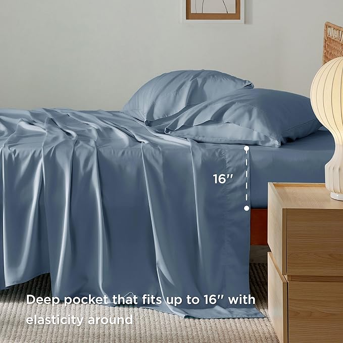 Bedsure California King Sheet Sets, Cooling Sheets, Rayon Derived from Bamboo, Breathable & Soft, Deep Pocket Up to 16 Inches, Hotel Luxury Silky Bedding for Hot Sleepers, Dusty Blue