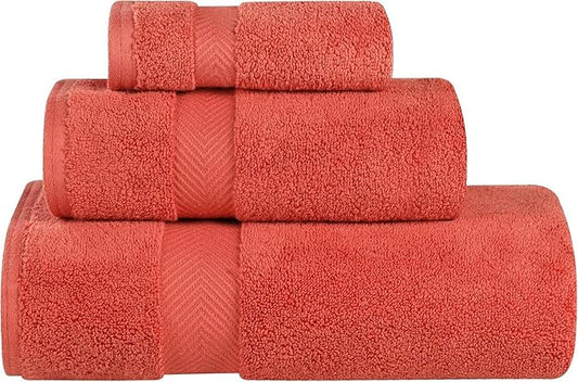 Superior Zero Twist 100% Cotton Towel Set, 3-Piece Set, Extra Soft Bath Towel, Face Towel and Hand Towel, Long-Staple Cotton Towels, Brick