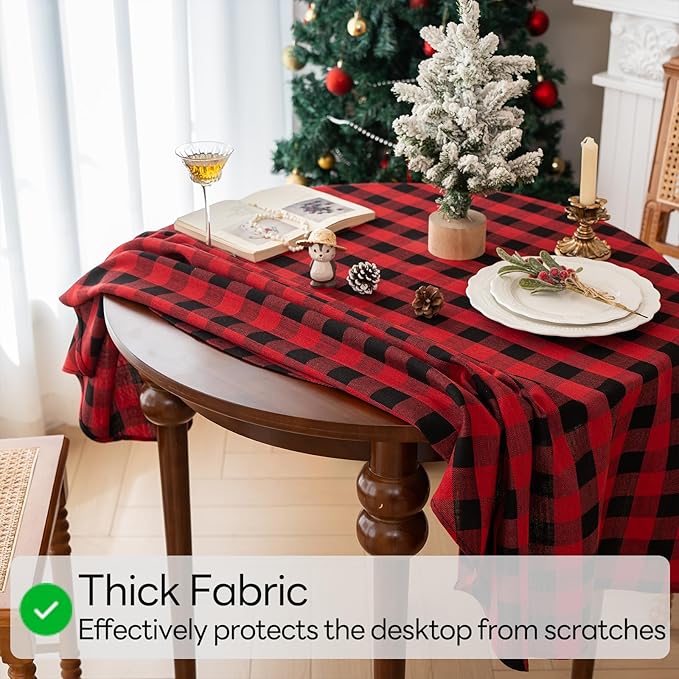 Christmas Gingham Tablecloth Heavy Duty Cotton Blend Red 60 inch Round Christmas Table Cloth Reusable Waterproof Foldable Tablecloths Xmas Table Cover for New Year Party Decor