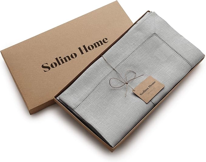 Solino Home Linen Soft Grey Tablecloth 60 x 132 Inch - Classic Hemstitch, 100% Pure Linen Rectangular Tablecloth - Machine Washable Table Cloth for Winter, New Year