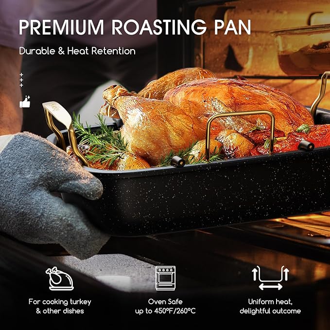 Nonstick Roasting Pan with Rack, 17" x 13" Large Turkey Roaster Pan, Oven Roasting Pan, Roaster Pan for Turkey, Chicken, Vegetable, Gold & Black