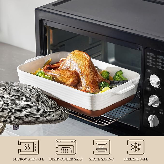 MALACASA Baking Dish 4.8 Qt Ceramic Casserole & Lasagna Pan, 9x13 Inch Deep Rectangular Oven Safe Dish with Handles for Baking, Roasting, Serving (Khaki & White) - Series Tara