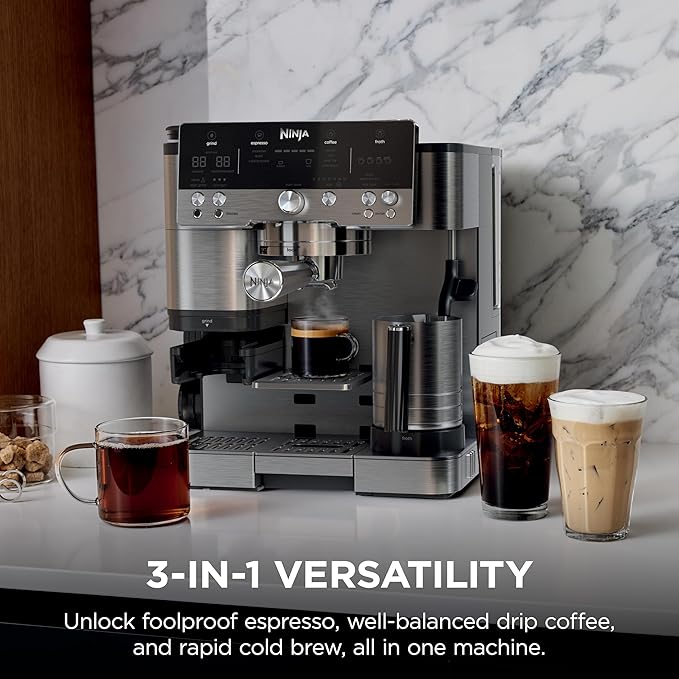 Ninja Luxe Café 3-in-1 Espresso, Drip Coffee and Cold Brew Machine | Intergrated Coffee Grinder, Milk Frother, Assisted Tamper & Built-In Espresso Accessory Storage | Stainless Steel | ES601