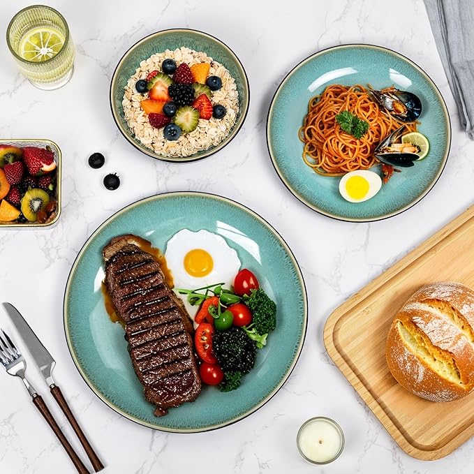 Plates and Bowls Sets for 4 - CJDC-QUELO 12-Piece Stoneware Dinnerware Sets, Ceramic Dishware Set for Kitchen Use and Formal Dining, Chip and Scratch Resistant Microwave Dishwasher Safe, Green