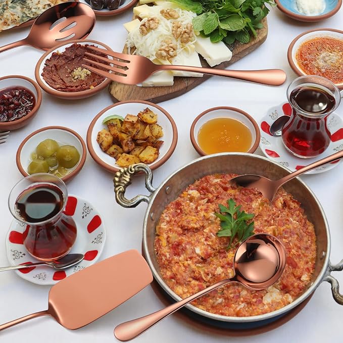 Copper Utensils Serving Set Rose Gold Stainless Steel Flatware Cake Knife Sever Fork Large Spoon Spatula Catering Silverware Complete 7 Pieces for Home Party Buffet