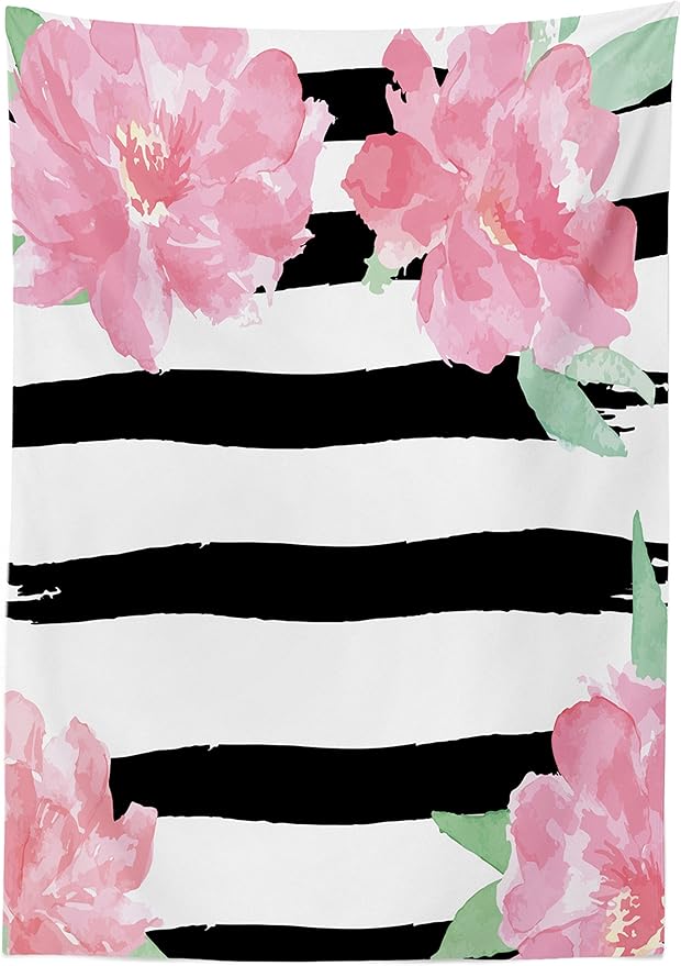 Ambesonne Floral Tablecloth, Watercolor Peony Flowers with Black Brush Strokes Romantic Spring Print, Dining Room Kitchen Rectangular Table Cover, 60" X 84", Pink White