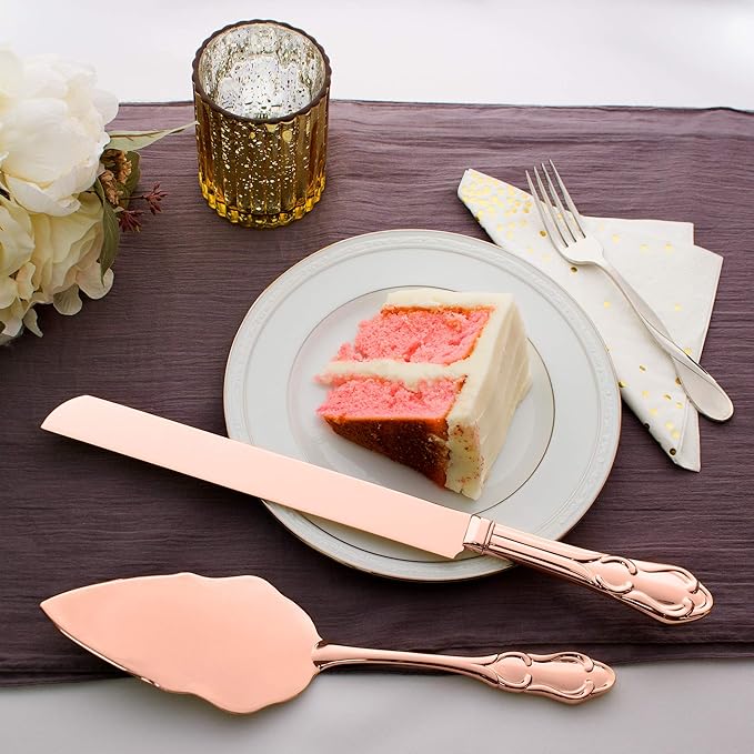 Ella Celebration Rose Gold Engravable Cake Knife & Server Set for Engraving, Rose Gold Wedding, Anniversary, Vintage Party Supplies (Elegant Rose Gold Engravable)