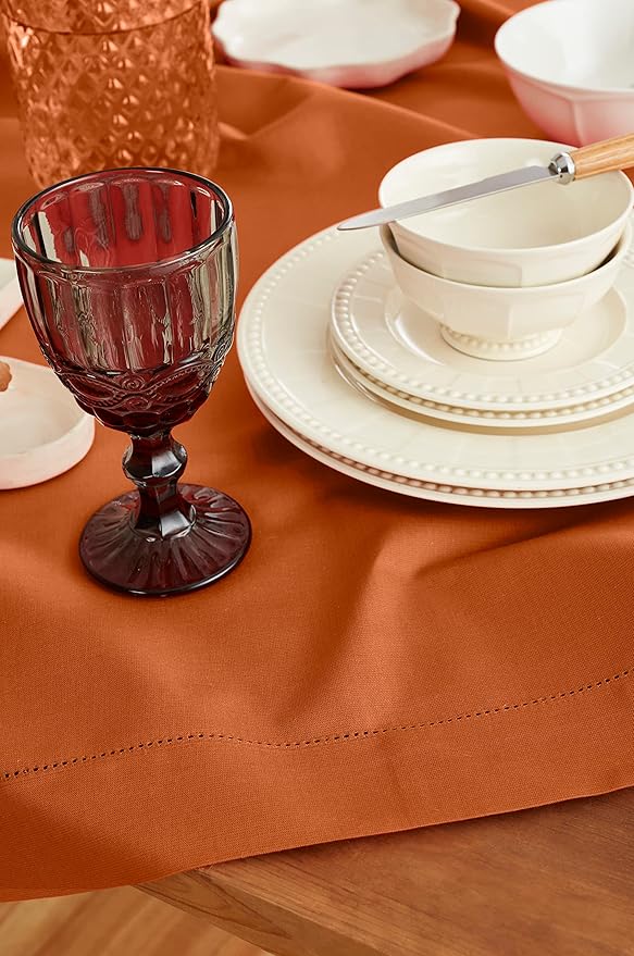 Solino Home Cinnamon Cotton Linen Tablecloth 52 x 52 Inch - Hemstitch Square Table Throw - Machine Washable Tablecloth