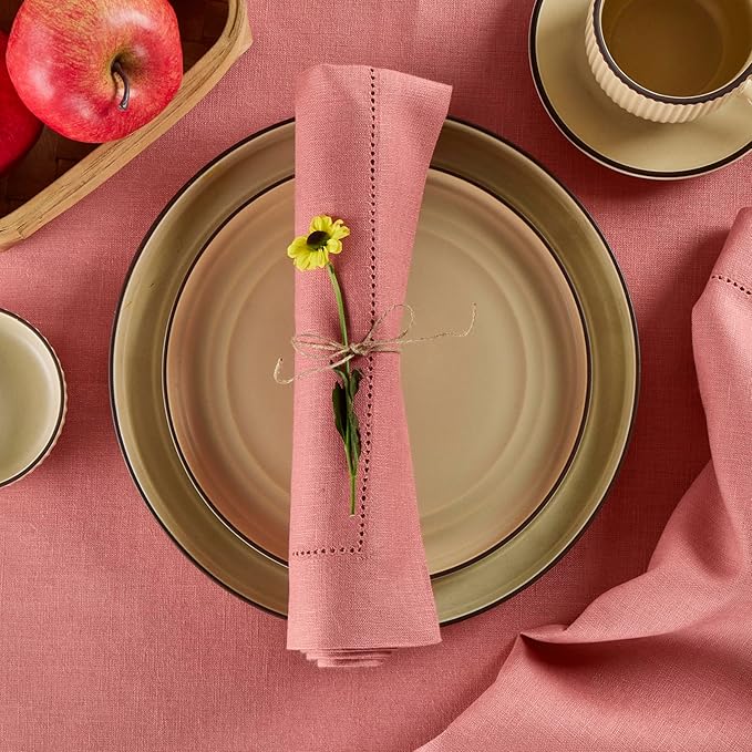 Solino Home Linen Napkins Set of 4 - Medium Weight 100% Pure Linen Hemstitch Dusty Rose Dinner Napkins Cloth 20 x 20 Inch for Valentines - Handcrafted and Machine Washable