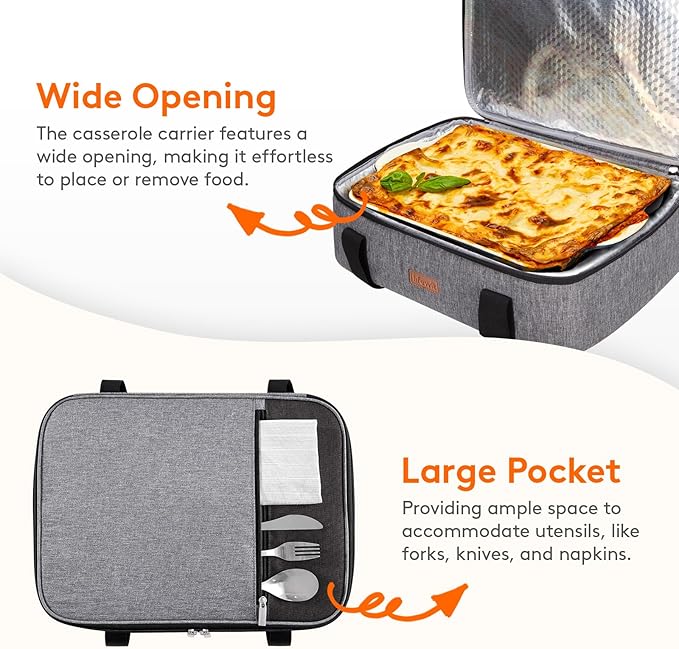 Lifewit Insulated Casserole Carrier for Hot or Cold Food, Casserole Dish Carrying Case, Lasagna Holder for Potluck Parties/Picnic/Cookouts, Fits 9"x13" Baking Dish, Grey