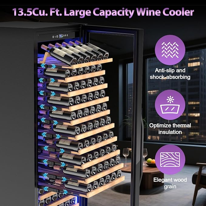 Wine Cooler-Wine Fridge with Safety Lock Freestanding/Built in 24 Inch Wide Large Wine Refrigerator for 154 Bottles,Cellar Chiller Low Noise, Fast Cooling, Black