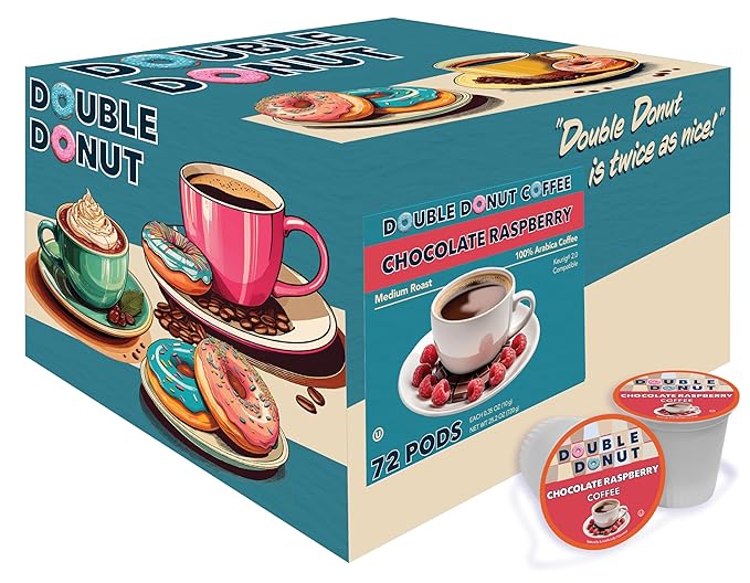 Double Donut Coffee Chocolate Raspberry Flavored Coffee Pods, Medium Roast Coffee, Compatible with Keurig K Cups Brewers, 72 Count